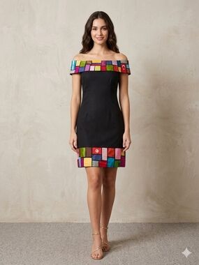 CHULA Unique Off-The-Shoulder Black 100% Silk Flag Patchwork Wearable Art Dress